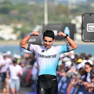 Domenick DiBiase finishing a triathlon